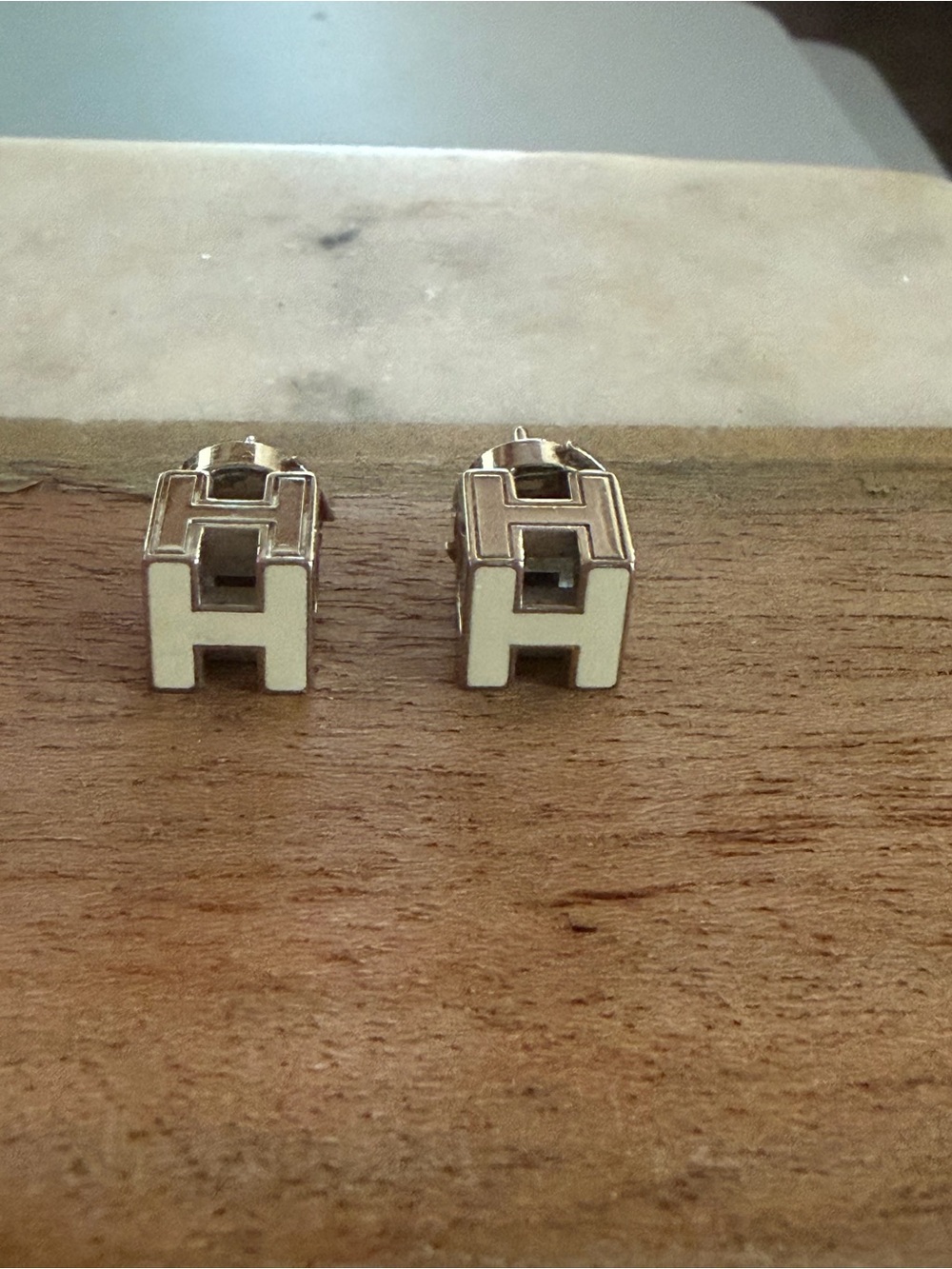 Hermes White and Silver H Logo Stud Earrings - Picture 5 of 5